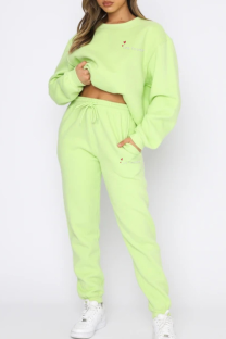 Fluorescent Green Casual Print Patchwork O Neck Long Sleeve Two Pieces