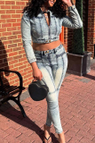 Blue Casual Solid Color Zipper Zipper Collar Long Sleeve Two Pieces