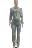 Blue Casual Solid Color Zipper Zipper Collar Long Sleeve Two Pieces