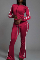 Red Casual Stripe Contrast Zipper Collar Long Sleeve Two Pieces