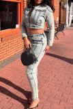 Blue Casual Solid Color Zipper Zipper Collar Long Sleeve Two Pieces