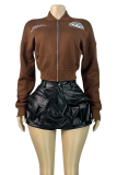 White Casual Letters Embroidered Zipper Collar Outerwear