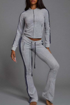 Grey Casual Stripe Contrast Zipper Collar Long Sleeve Two Pieces