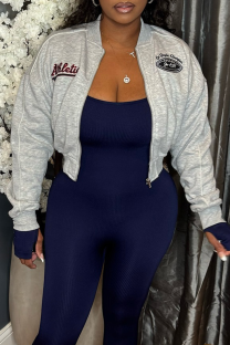 Grey Casual Letters Embroidered Zipper Collar Outerwear
