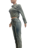 Blue Casual Solid Color Zipper Zipper Collar Long Sleeve Two Pieces