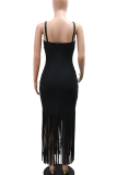 Black Sexy Solid Color Fringed Trim Spaghetti Strap Long Dresses
