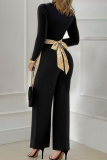 Black Casual Solid Color Sequins U Neck Loose Jumpsuits