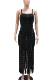 Black Sexy Solid Color Fringed Trim Spaghetti Strap Long Dresses