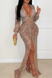Leopard Print Sexy Leopard Print High Slit Deep V Neck Long Dresses