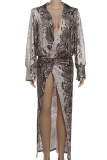 Snake Print Sexy Snakeskin Print High Slit Turndown Collar Long Dresses