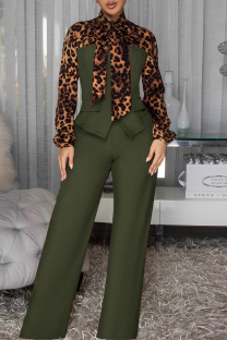 Army Green Casual Leopard Print Strap Design O Neck Regular Jumpsuits