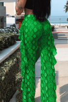 Green Casual Snakeskin Print Flounce Regular Full Print Bottoms