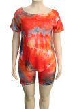 Tangerine Red Casual Tie Dye Patchwork O Neck Plus Size Two Pieces