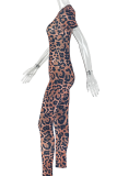 Leopard Print Sexy Leopard Print Patchwork O Neck Skinny Jumpsuits
