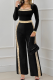 Black Casual Solid Color Sequins U Neck Loose Jumpsuits