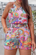 Multicolor Casual Print With Belt Spaghetti Strap Sleeveless Two Pieces
