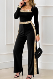 Black Casual Solid Color Sequins U Neck Loose Jumpsuits