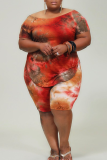 Tangerine Red Casual Tie Dye Patchwork O Neck Plus Size Two Pieces