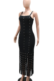 Black Sexy Solid Color Fringed Trim Spaghetti Strap Long Dresses