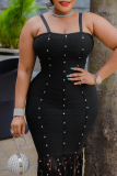 Black Sexy Solid Color Fringed Trim Spaghetti Strap Long Dresses