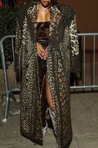 Leopard Print Casual Leopard Print Strap Design Turndown Collar Outerwear
