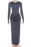 Black Elegant Solid Color Slit Ruched O Neck Long Dresses