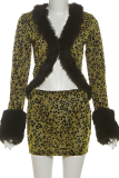 Yellow Sexy Leopard Print Patchwork Deep V Neck Long Sleeve Two Pieces