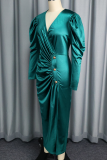 Green Elegant Solid Color Ruched V Neck Evening Dresses