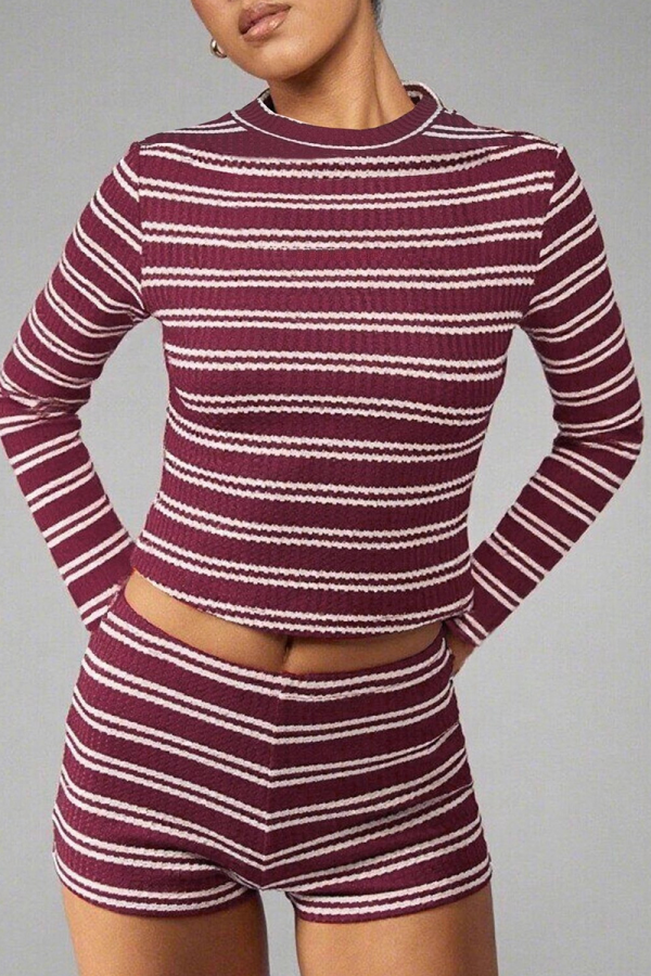 Burgundy Casual Stripe Contrast O Neck Long Sleeve Two Pieces