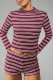 Burgundy Casual Stripe Contrast O Neck Long Sleeve Two Pieces