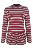 Burgundy Casual Stripe Contrast O Neck Long Sleeve Two Pieces