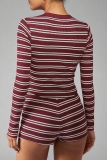 Burgundy Casual Stripe Contrast O Neck Long Sleeve Two Pieces
