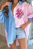 Pink Casual Print Contrast Shirt Collar Tops