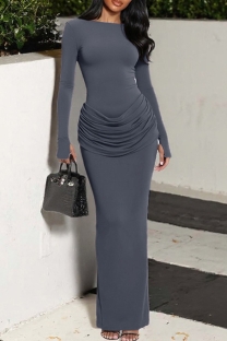 Grey Elegant Solid Color Slit Ruched O Neck Long Dresses