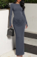 Grey Elegant Solid Color Slit Ruched O Neck Long Dresses