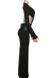 Black Sexy Solid Color Hollow Out Deep V Neck Long Dresses