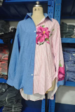 Pink Casual Print Contrast Shirt Collar Tops