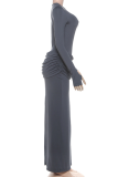 Black Elegant Solid Color Slit Ruched O Neck Long Dresses
