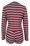 Burgundy Casual Stripe Contrast O Neck Long Sleeve Two Pieces