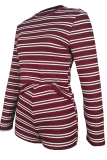 Burgundy Casual Stripe Contrast O Neck Long Sleeve Two Pieces