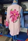 Pink Casual Print Contrast Shirt Collar Tops