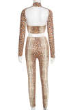 Snake Print Sexy Snakeskin Print Hollow Out Half A Turtleneck Long Sleeve Two Pieces
