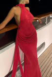 Red Elegant Solid Color Patchwork O Neck Long Dresses