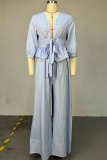 Blue Casual Stripe Strap Design Deep V Neck Three Quarter Two Pieces