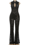 Black Sexy Solid Color Lace O Neck Skinny Jumpsuits