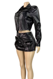 Black Casual Solid Color Buckle Turndown Collar Long Sleeve Two Pieces