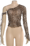 Leopard Print Sexy Leopard Print Patchwork Oblique Collar T-Shirts