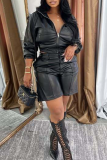 Black Casual Solid Color Zipper Zipper Collar Long Sleeve Two Pieces