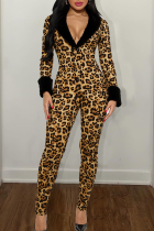 Leopard Print Sexy Leopard Print Deep V Neck Skinny Jumpsuits