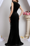 Black Elegant Solid Color High Slit Hot Drill Deep V Neck Evening Dresses